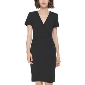 Calvin Klein Black V Neck Short Sleeve Button Detail Sheath Dress Size‎ 4